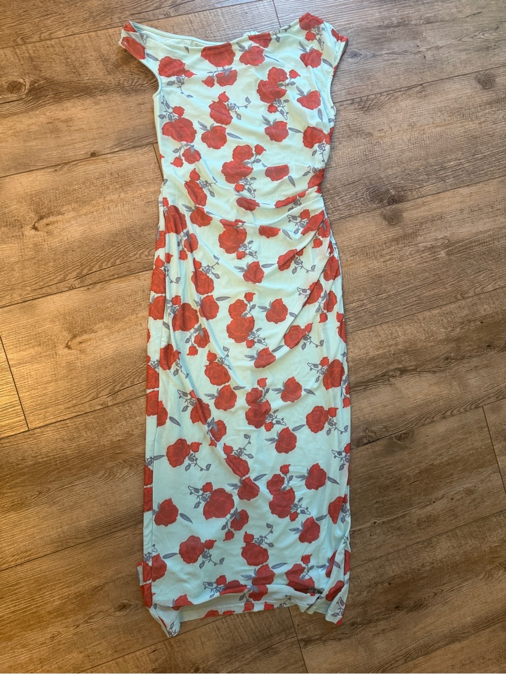 Grace Karin One-Shoulder Mint Dress with Red Floral Print